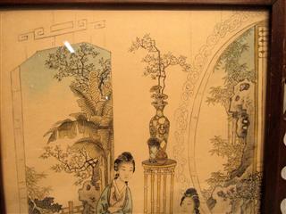 Set of 2 Grisaille Style Asian Ink Drawings Framed In Matching Latice Cutout Woo